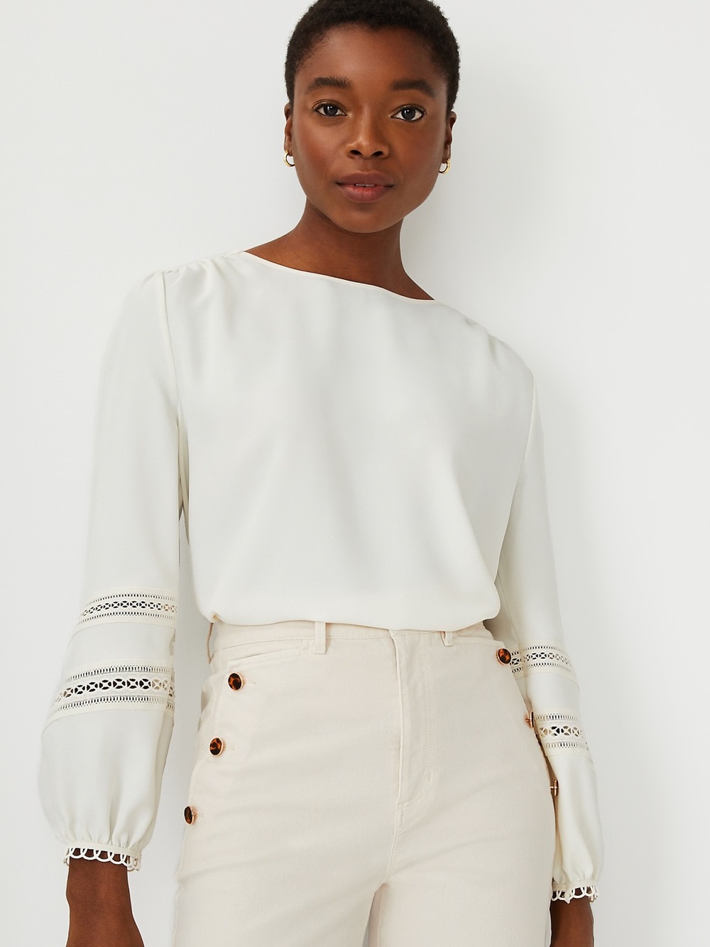 Long-Sleeve Lace-Trim Blouse